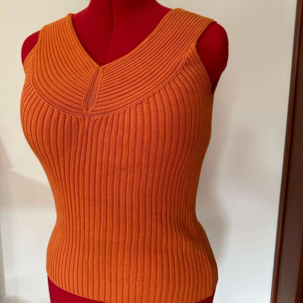Vibrant Orange Ribbed Knit Sleeveless Blouse